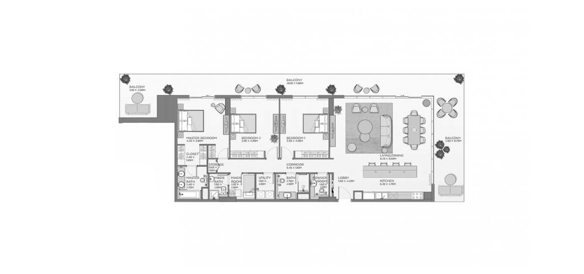Етажен план на апартаменти «3BR A1», 3 спални в LAUREL CENTRAL PARK