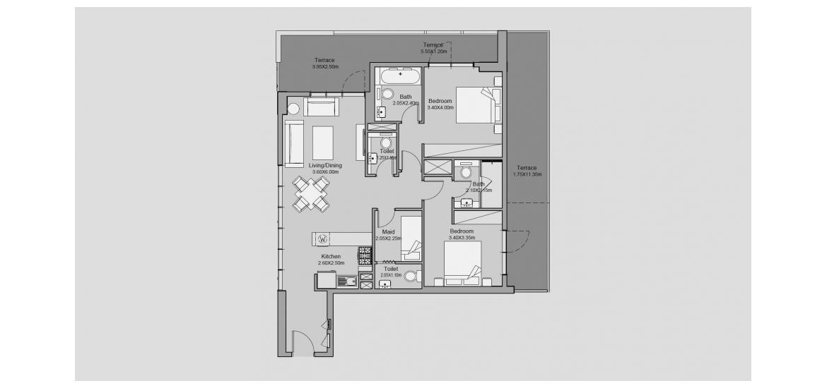 Етажен план на апартаменти «136 SQ.M 2 BR TYPE 02-T», 2 спални в MILLENNIUM TALIA RESIDENCES