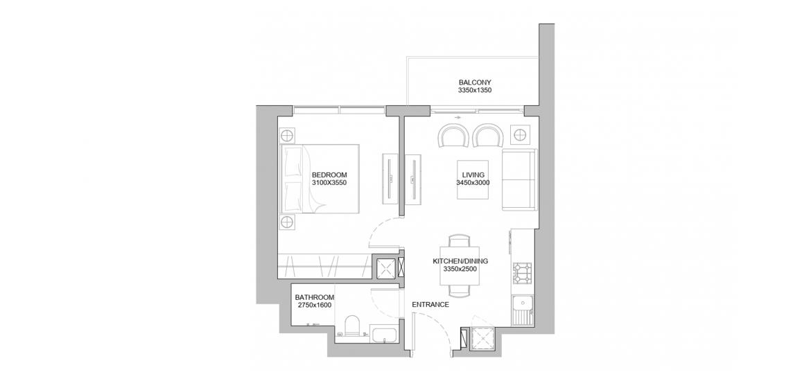 Етажен план на апартаменти «1 BEDROOM TYPE A 48 Sq.m», 1 спалня в 320 RIVERSIDE CRESCENT