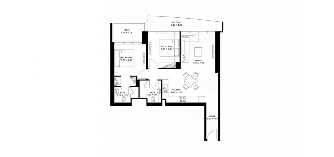 Етажен план на апартаменти «99 SQ.M 2 BDRM TYPE A», 2 спални в FASHIONZ RESIDENCES