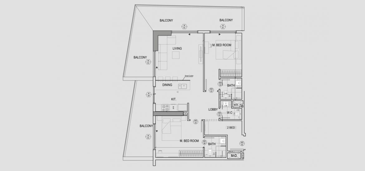 Plano del apartamento «2BR», 2 dormitorios en BINGHATTI CANAL