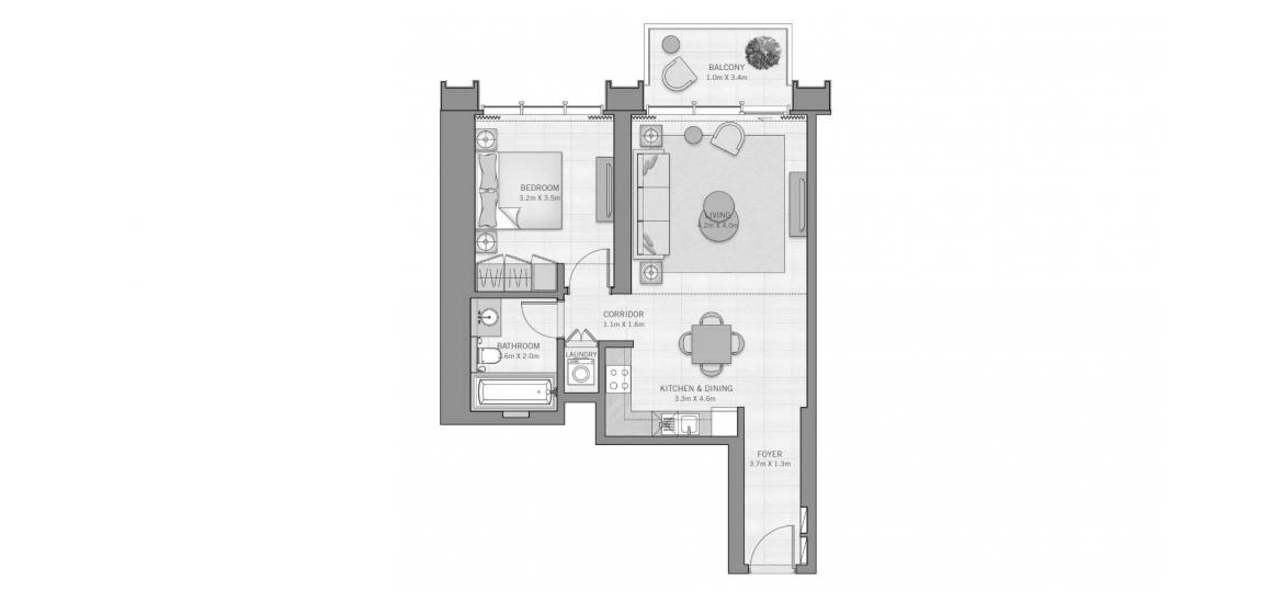 Plano del apartamento «A», 1 dormitorio en THE GRAND