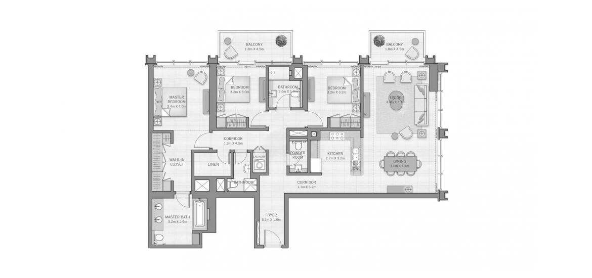 Plano del apartamento «C», 3 dormitorios en THE GRAND