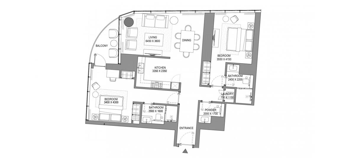 Plano del apartamento «2BR TYPE D», 2 dormitorios en SOBHA SEAHAVEN
