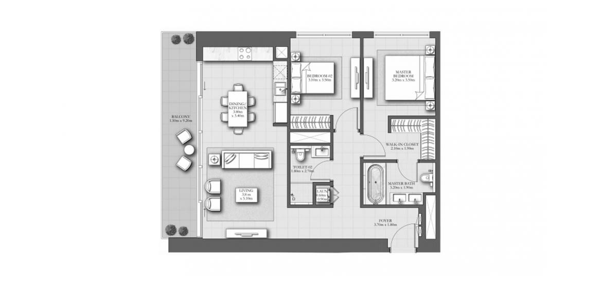 Asunnon pohjapiirustus «114SQM A», 2 makuuhuonetta kohteessa MARINA SHORES