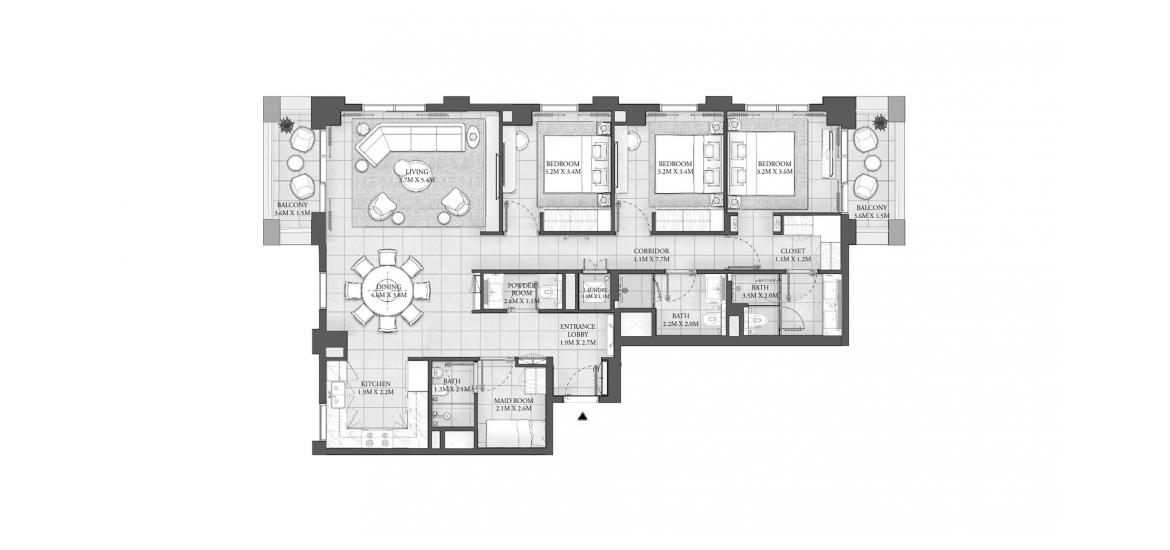 Asunnon pohjapiirustus «157 SQ.M 3BR BUILDING 2», 3 makuuhuonetta kohteessa CEDAR RESIDENCES