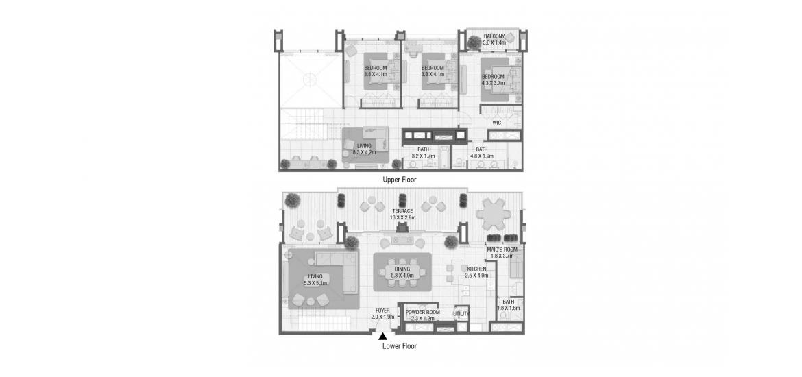 Asunnon pohjapiirustus «293 SQ.M 3 BEDROOM DUPLEX TYPE 07», 3 makuuhuonetta kohteessa DESIGN QUARTER AT D3