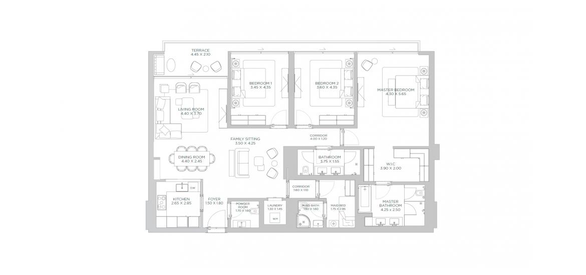 Asunnon pohjapiirustus «188 SQ.M 3 BR A3», 3 makuuhuonetta kohteessa RIXOS HOTEL & RESIDENCES