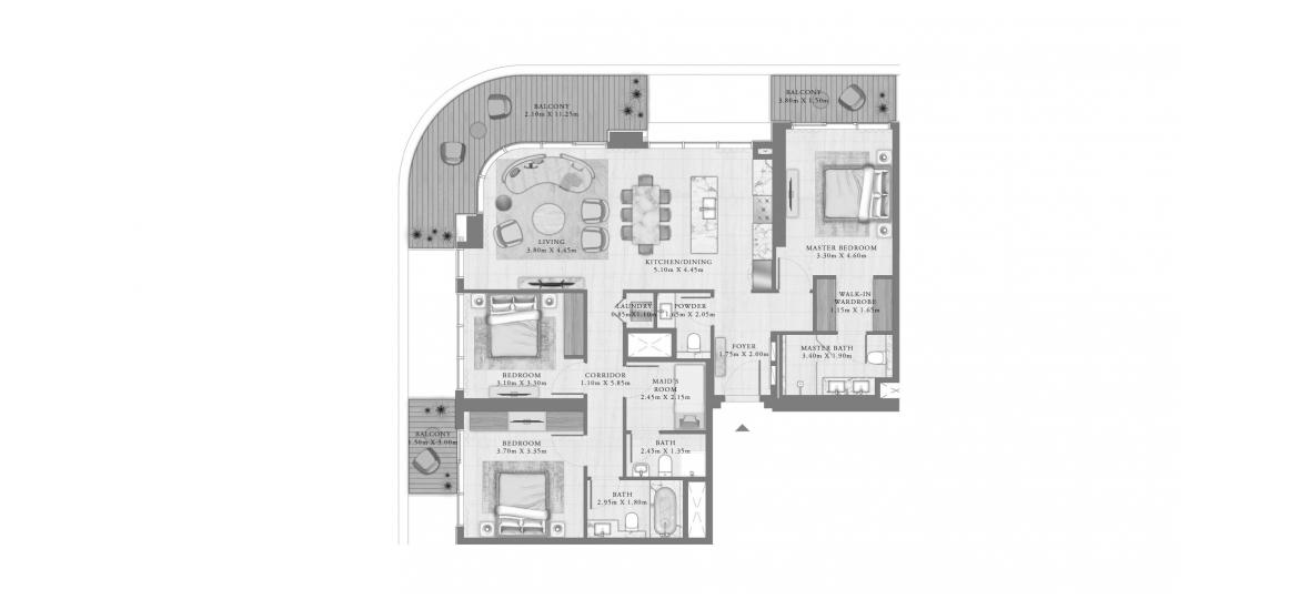 Asunnon pohjapiirustus «170 SQ.M 3 BEDROOM», 3 makuuhuonetta kohteessa SEAPOINT RESIDENCES