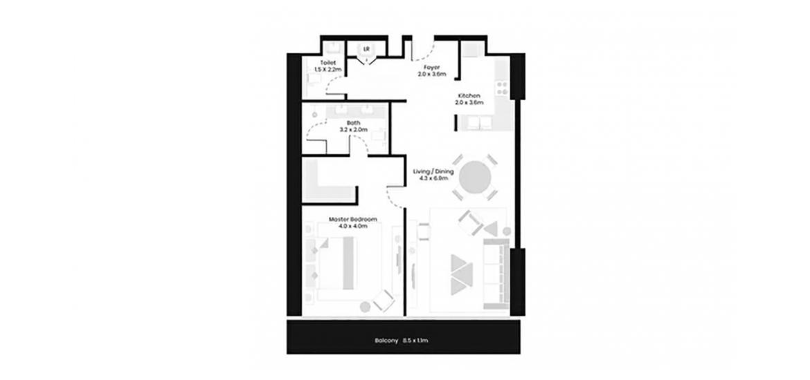 דירה תוכנית קומה «1BR», 1 חדר שינה ב- AVANI PALM VIEW (באזור הבניין AVANI PALM VIEW)