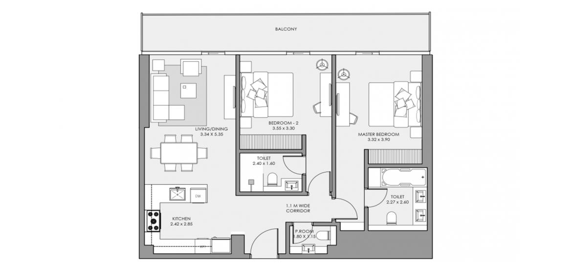 דירה תוכנית קומה «2 BEDROOM TYPE 01», 2 חדרי שינה ב- MAR CASA (באזור הבניין MAR CASA)