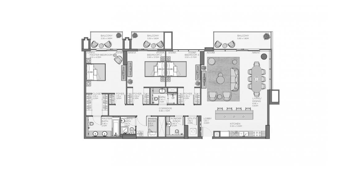 דירה תוכנית קומה «194 SQ.M. 3BR TYPE B2», 3 חדרי שינה ב- THYME CENTRAL PARK (באזור הבניין THYME CENTRAL PARK)