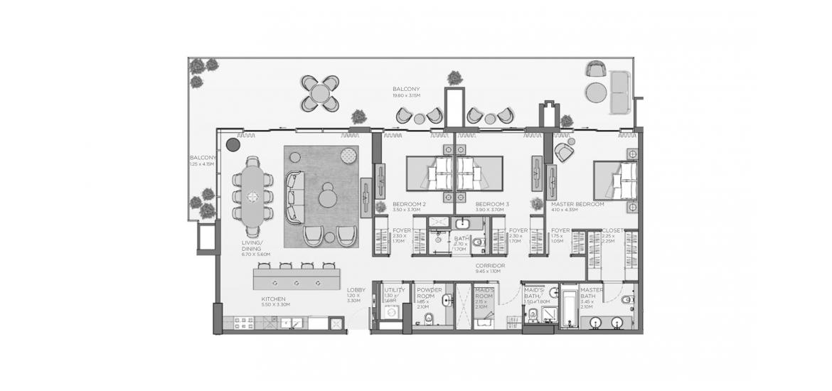 דירה תוכנית קומה «235 SQ.M. 3BR TYPE A1», 3 חדרי שינה ב- THYME CENTRAL PARK (באזור הבניין THYME CENTRAL PARK)