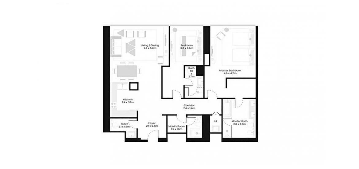 Apartment floor plan «2BR», 2 slaapkamers in AVANI PALM VIEW