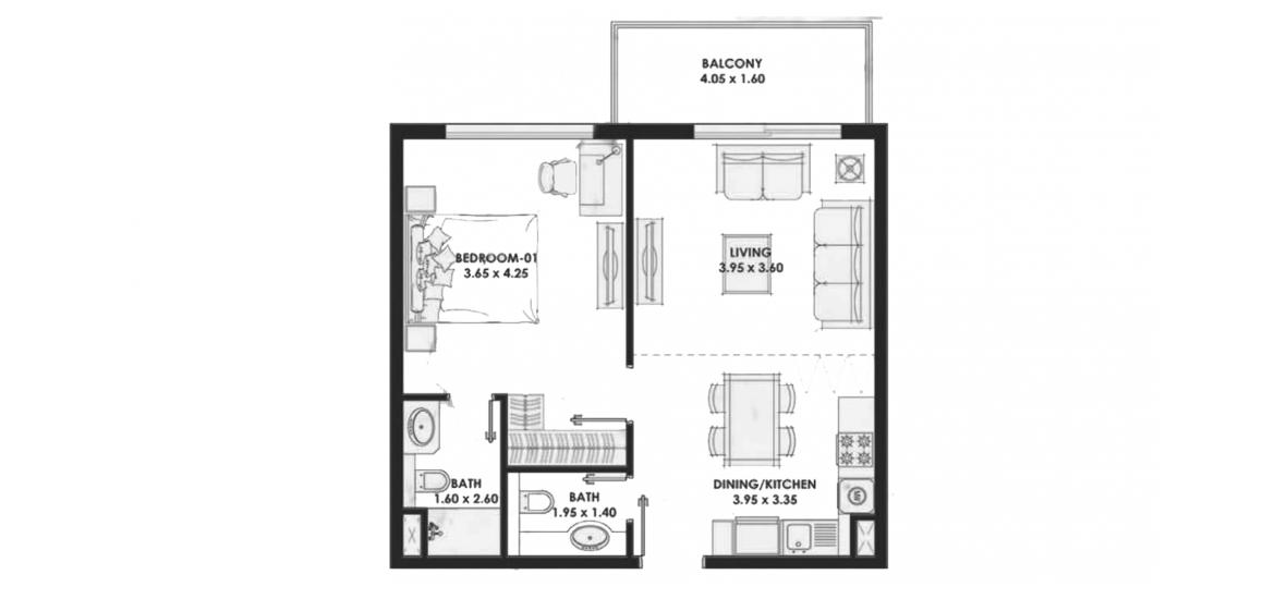 Apartment floor plan «63sqm», 1 slaapkamer in PEARLZ