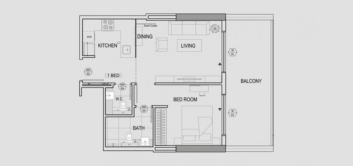 Apartment floor plan «1BR», 1 slaapkamer in BINGHATTI CANAL