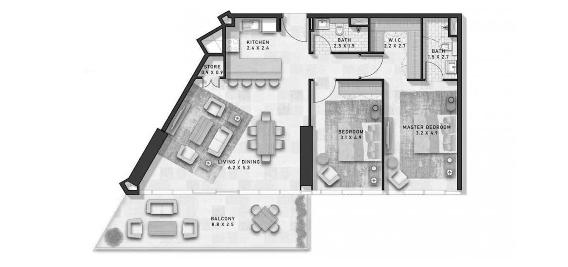Apartment floor plan «2BR», 2 slaapkamers in GOLF GATE