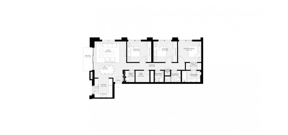 Apartment floor plan «126SQM», 3 slaapkamers in PARK FIELD