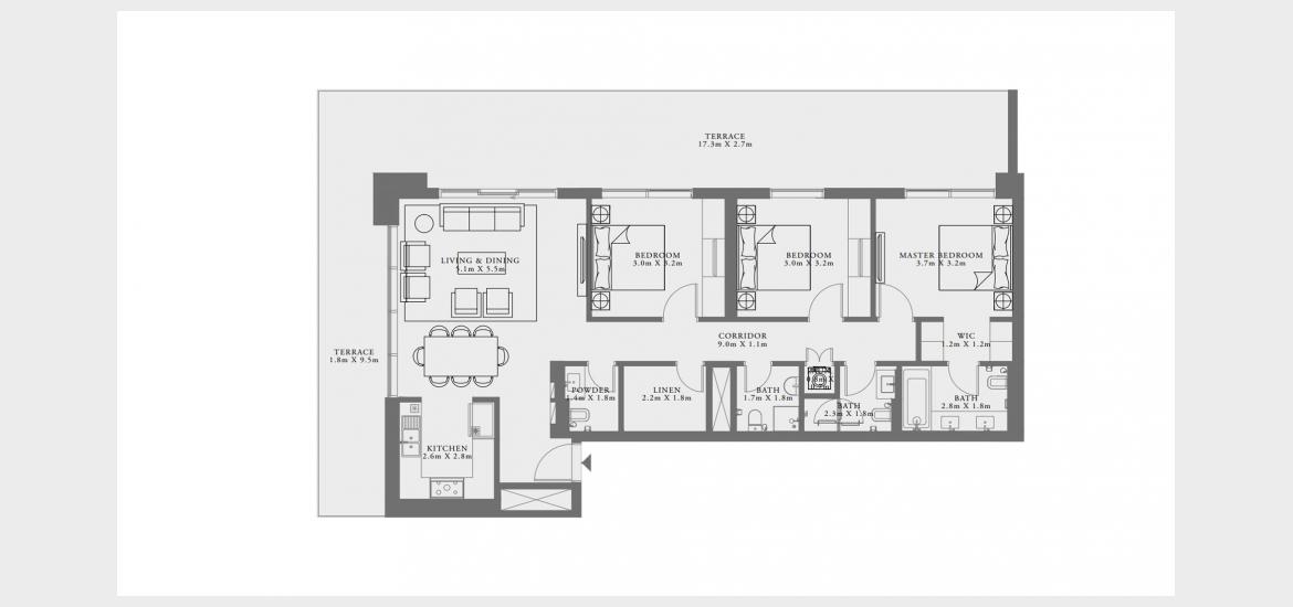 Apartment floor plan «H», 3 slaapkamers in LIME GARDENS