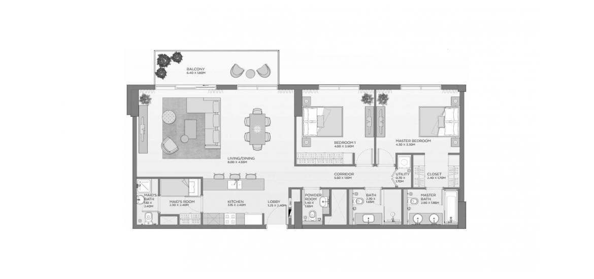 Apartment floor plan «120-121SQM A2», 2 slaapkamers in LAUREL CENTRAL PARK