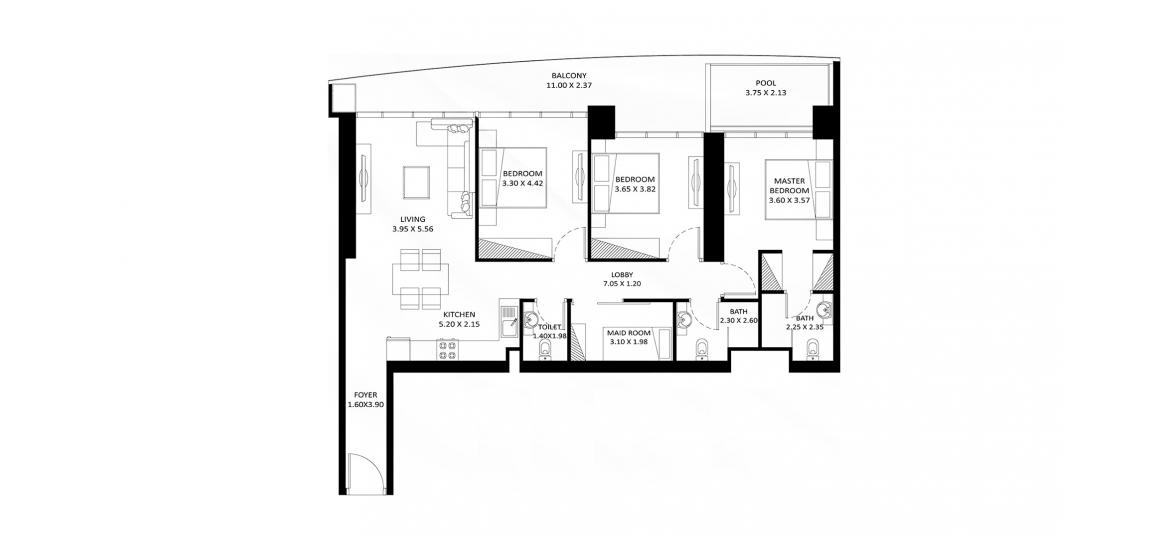 Apartment floor plan «136 SQ.M 3 BDRM TYPE A», 3 slaapkamers in FASHIONZ RESIDENCES