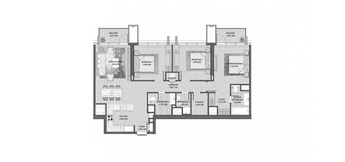 Floor plan ng apartment «BURJ ROYALE 3BR 125SQM», 3 silid-tulugan sa BURJ ROYALE