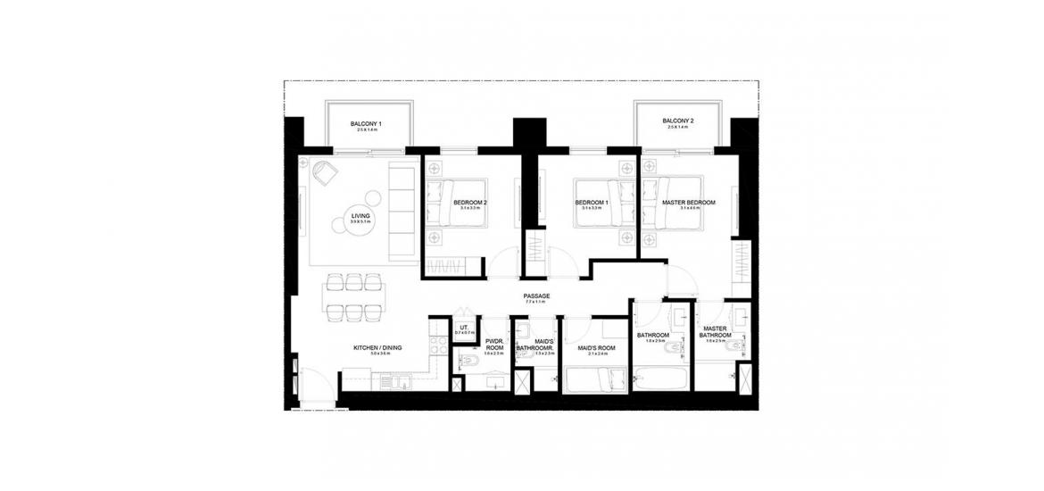 Floor plan ng apartment «BURJ CROWN 3BR 125SQM», 3 silid-tulugan sa BURJ CROWN