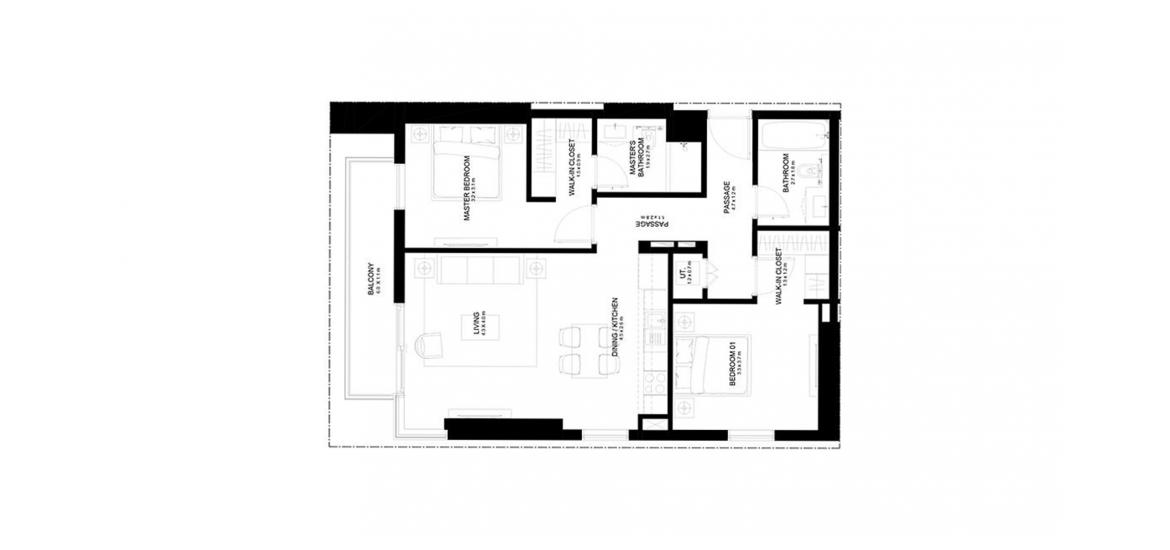 Floor plan ng apartment «BURJ CROWN 2BR 98SQM», 2 silid-tulugan sa BURJ CROWN