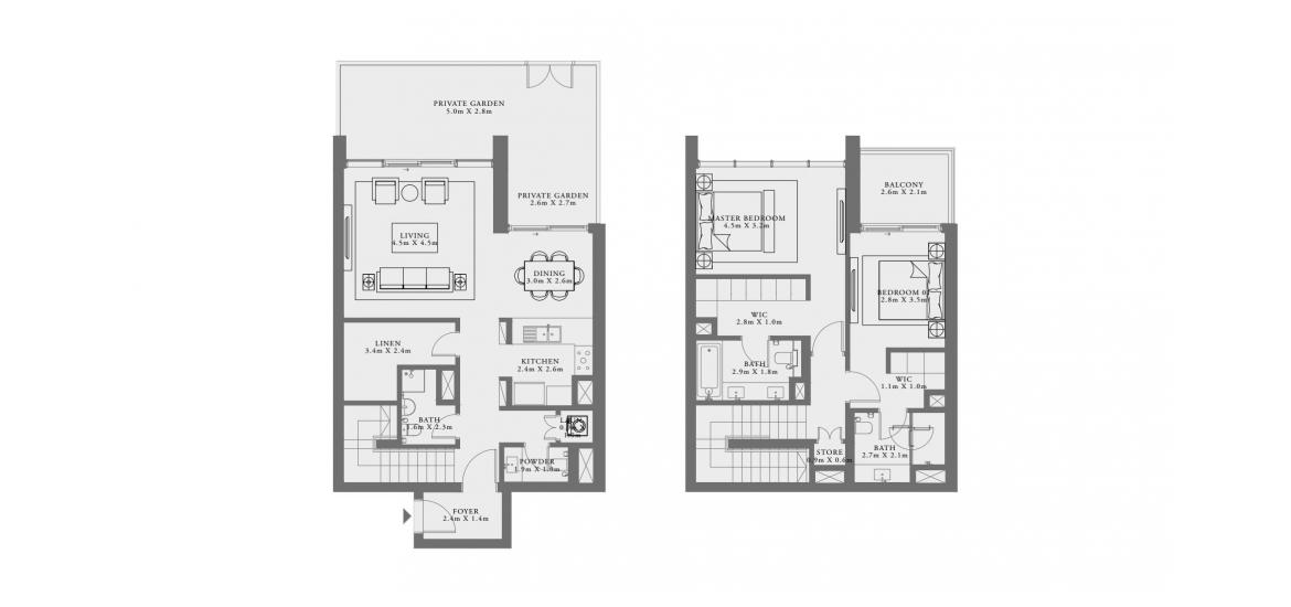 Plan mieszkania «1M», 2 sypialnie w LIME GARDENS