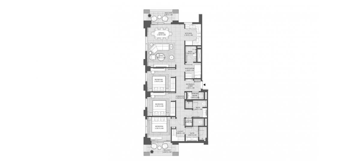 Plan mieszkania «137 SQ.M 3BR BUILDING 2», 3 sypialnie w CEDAR RESIDENCES
