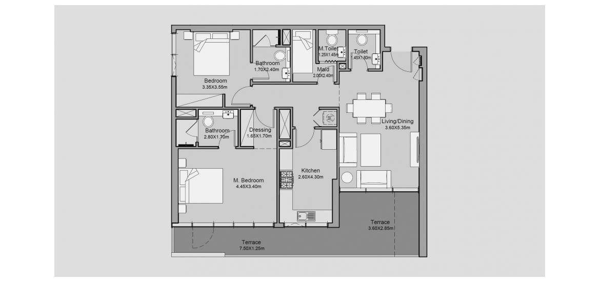 Plan mieszkania «112 SQ.M 2 BR TYPE 01-T», 2 sypialnie w MILLENNIUM TALIA RESIDENCES