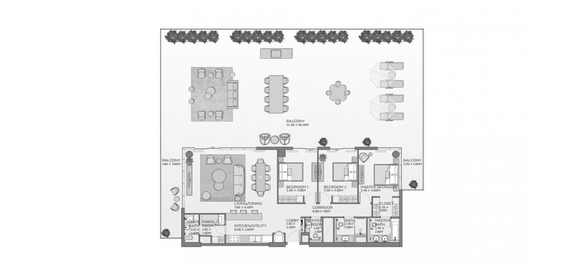 Планировка апартаментов «3BR B1» 3 спальни в ЖК LAUREL CENTRAL PARK