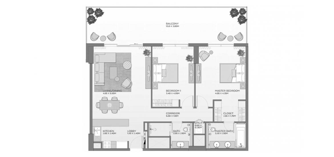 Планировка апартаментов «2BR C1» 2 спальни в ЖК LAUREL CENTRAL PARK