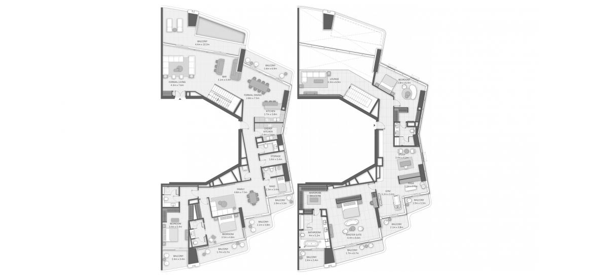 Планировка апартаментов «4 BR Duplex Penthouse» 4 спальни в ЖК LIV LUX