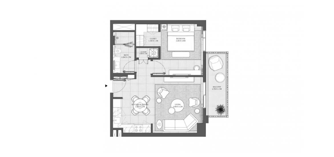 Планировка апартаментов «67 SQ.M 1BR BUILDING 1» 2 комнаты в ЖК CEDAR RESIDENCES