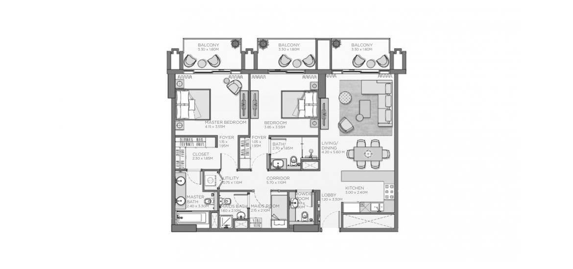Планировка апартаментов «130 SQ.M. 2BR TYPE A4» 2 спальни в ЖК THYME CENTRAL PARK