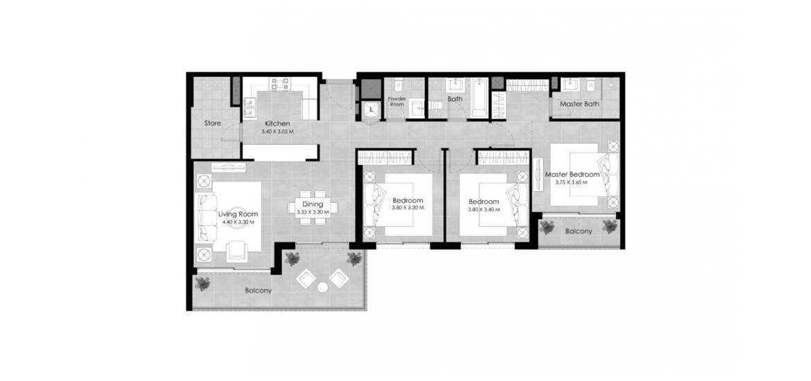 Планування апартаментів «3 BEDROOM TYPE B », 3 спальні у THE REGENT RESIDENCE