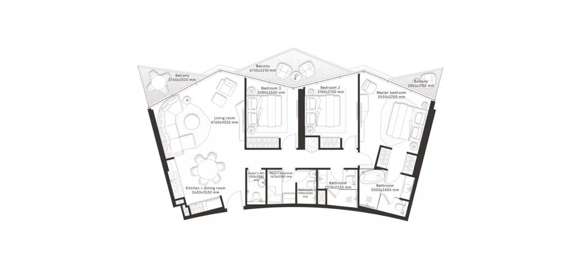 Floor plan «F», 3 bedrooms, in W RESIDENCES DUBAI – DOWNTOWN