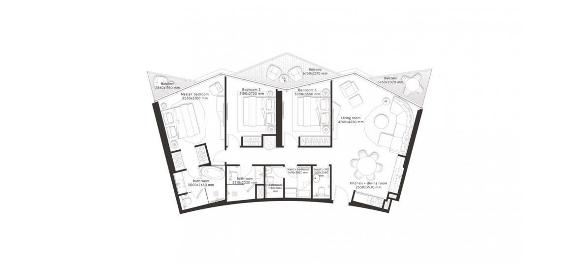 Floor plan «A», 3 bedrooms, in W RESIDENCES DUBAI – DOWNTOWN