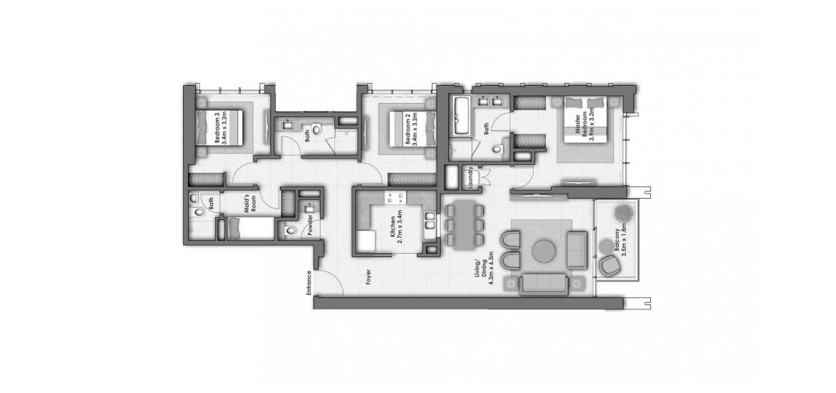 Apartment floor plan «DOWNTOWN VIEWS I 3BR 149SQM», 3 bedrooms in DOWNTOWN VIEWS I