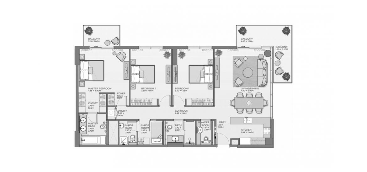 Apartment floor plan «3BR E2», 3 bedrooms in LAUREL CENTRAL PARK