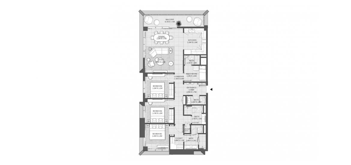 Apartment floor plan «147 SQ.M 3BR BUILDING 1», 3 bedrooms in CEDAR RESIDENCES