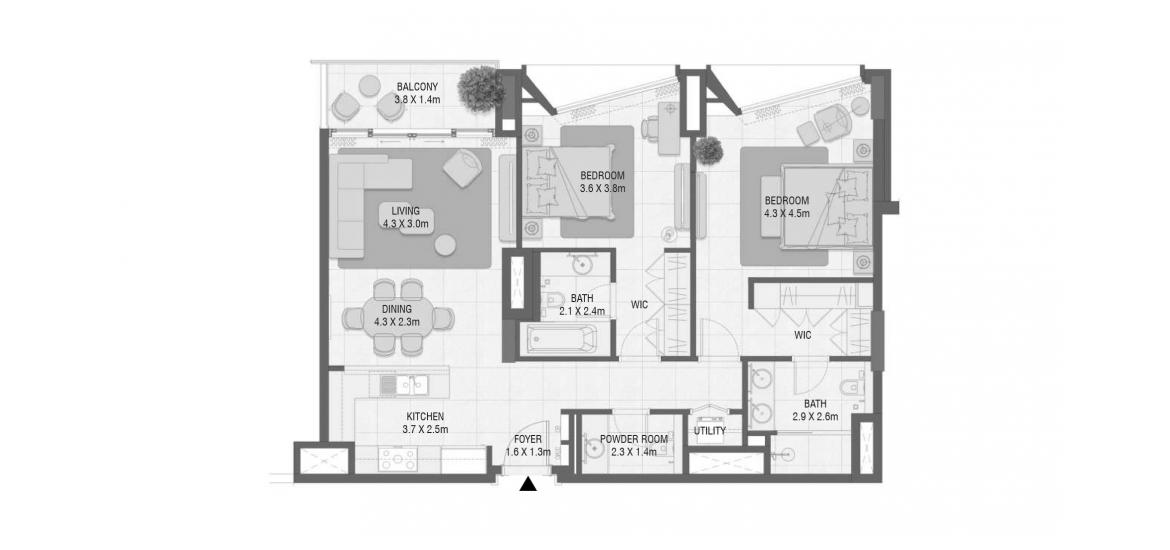 Apartment floor plan «111 SQ.M 2 BEDROOM TYPE 01 M», 2 bedrooms in DESIGN QUARTER AT D3