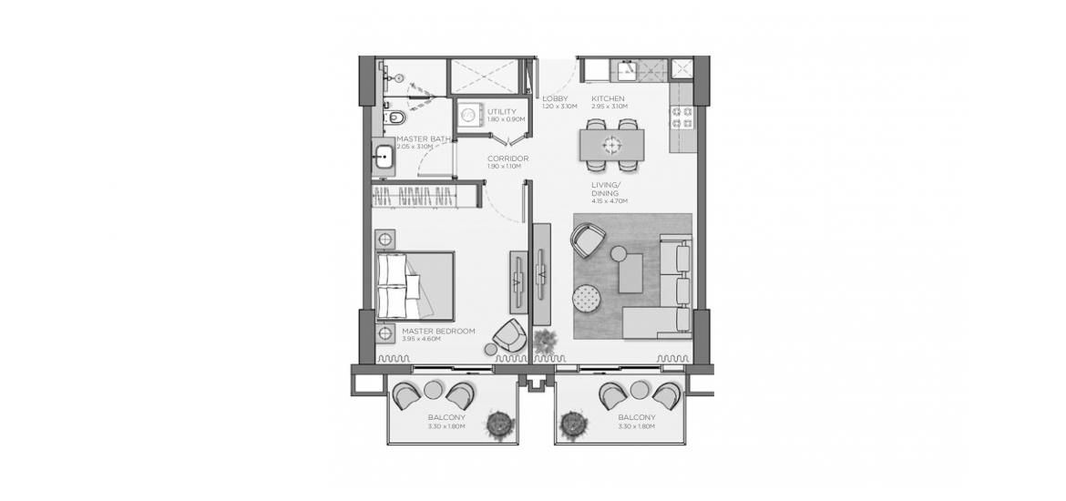 Apartment floor plan «77 SQ.M. 1BR TYPE A1», 1 bedroom in THYME CENTRAL PARK