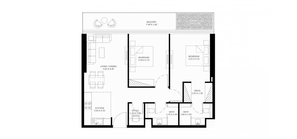 Apartment floor plan «BAYZ 101 TWO-BEDROOMS-90M», 2 bedrooms in BAYZ 101