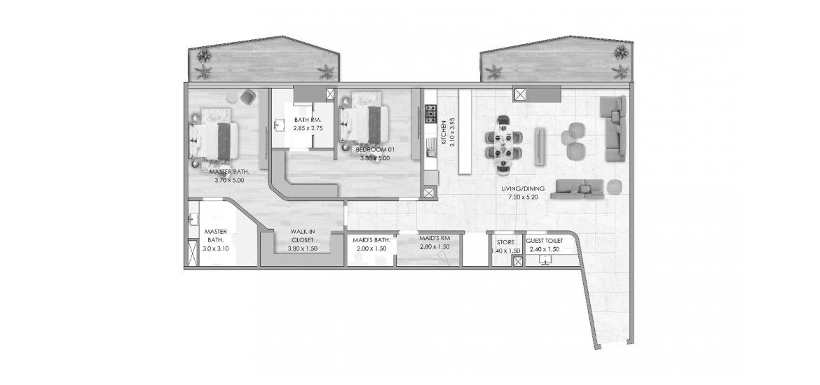 Apartment floor plan «HABTOOR GRAND RESIDENCES TWO-BEDROOMS-TYPE-A-202M», 2 bedrooms in HABTOOR GRAND RESIDENCES
