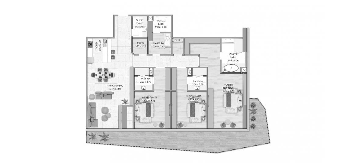 Apartment floor plan «HABTOOR GRAND RESIDENCES THREE-BEDROOMS-TYPE-C-278M», 3 bedrooms in HABTOOR GRAND RESIDENCES